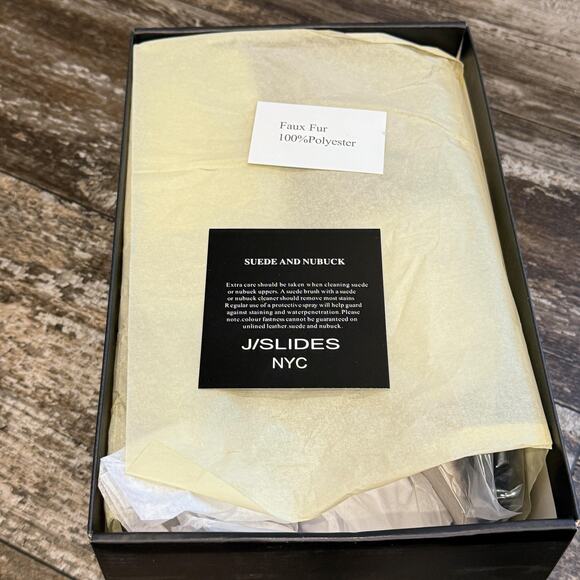 J/Slides NYC Shoes Womens Size 8 Black Faux Fur Bree Double Strap Slides NEW - Picture 4 of 11